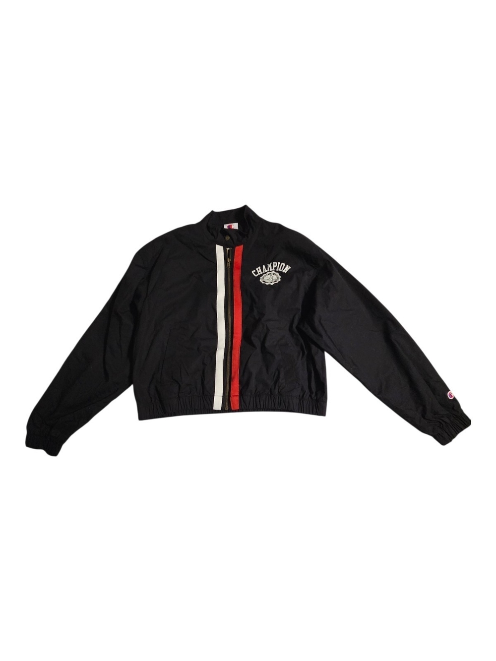 Champion Black Windbreaker with Red & White Center Stripes